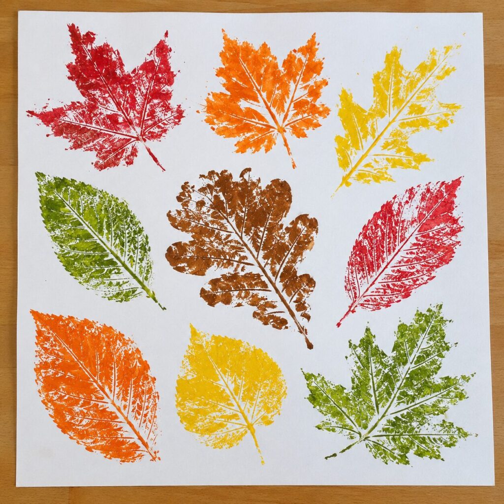 Colorful leaf prints made by pressing painted fall leaves onto white paper