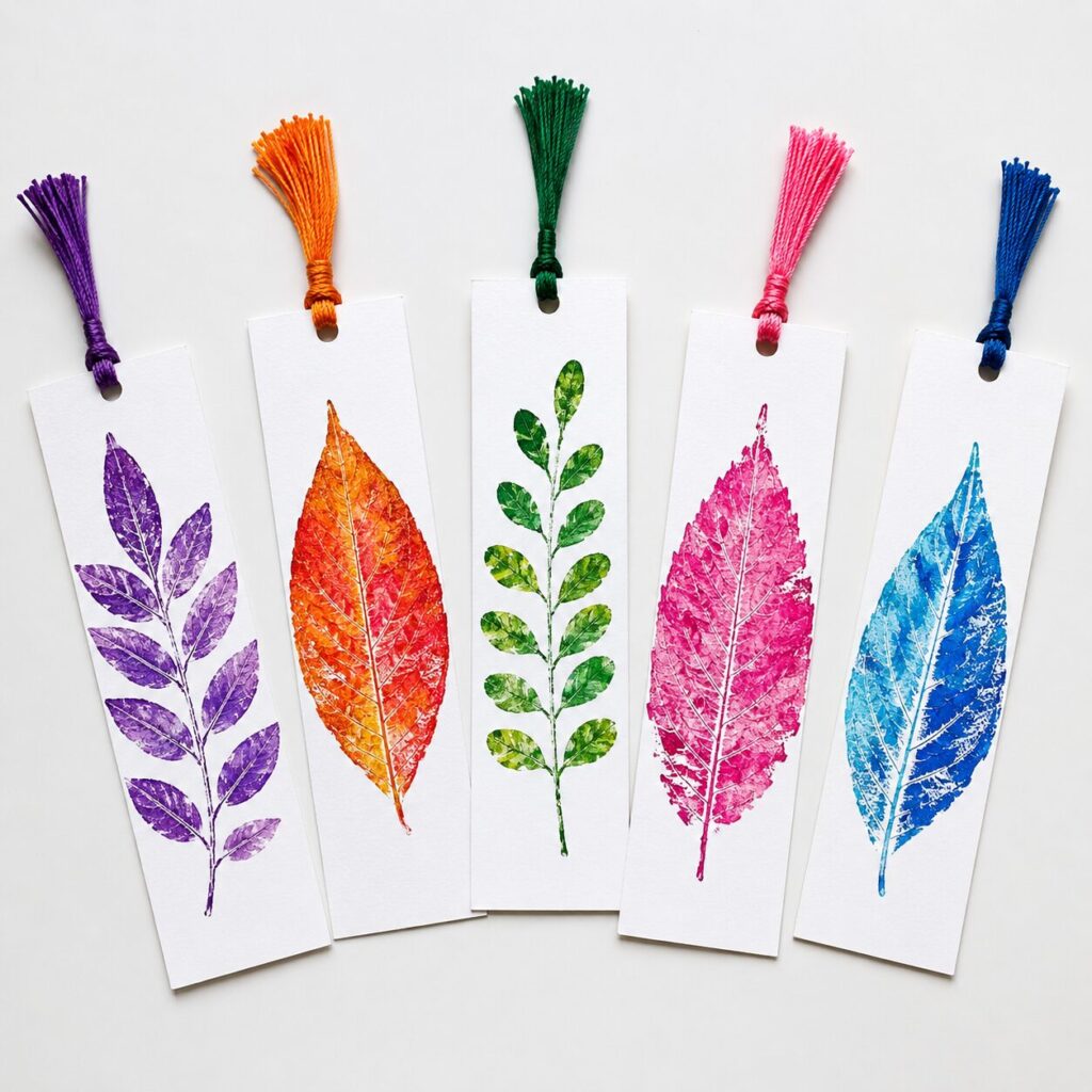Colorful leaf print bookmarks made on white cardstock using painted real leaves, a practical and pretty fall craft for kids