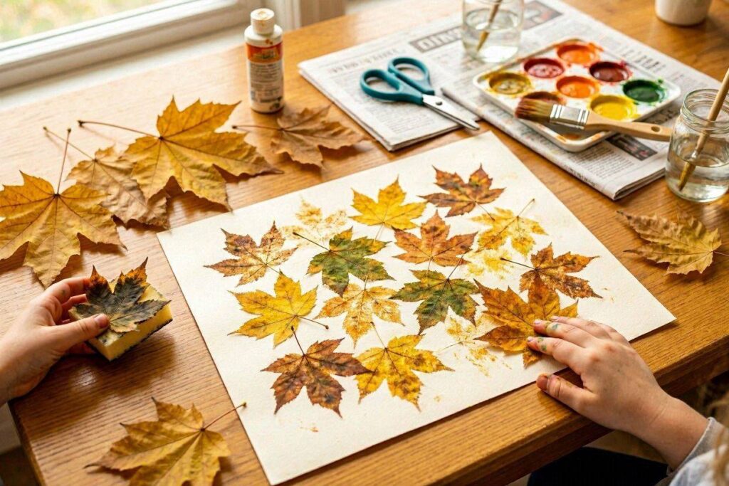 fall leaf stamping craft for toddlers with orange paint