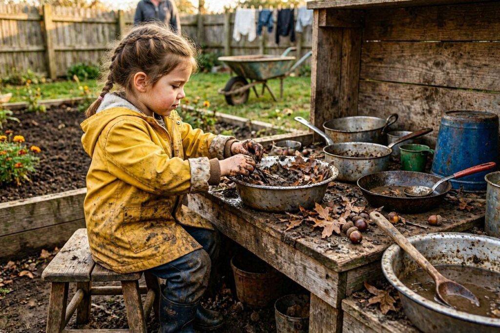 fall mud kitchen sensory play — outdoor fall sensory activities for kids
