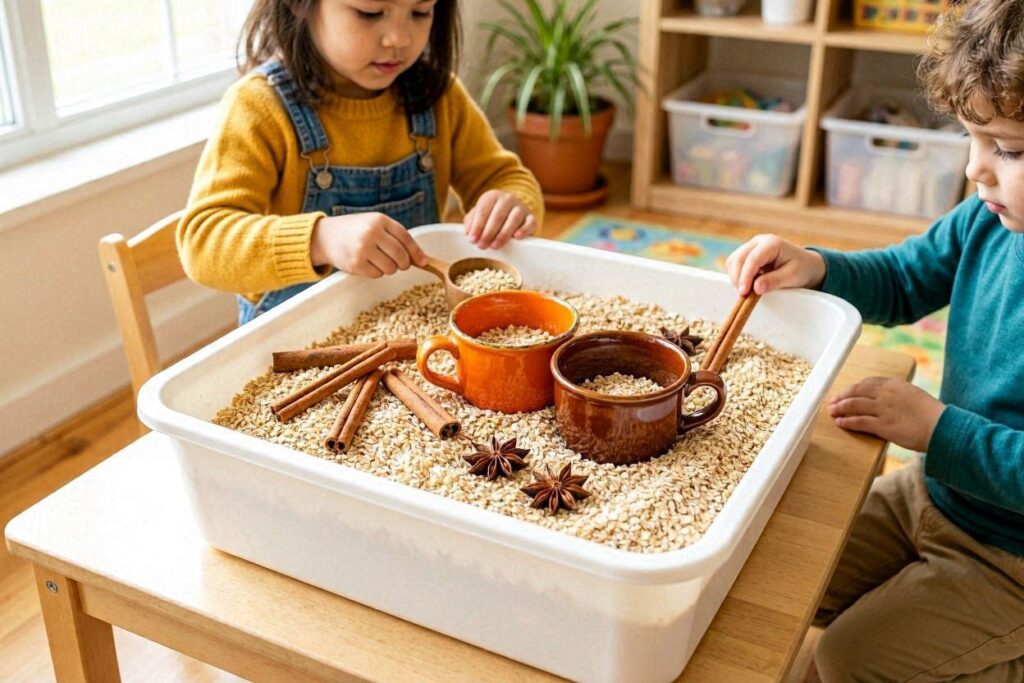 oatmeal autumn sensory bin with spices — fall sensory activities for kids at home