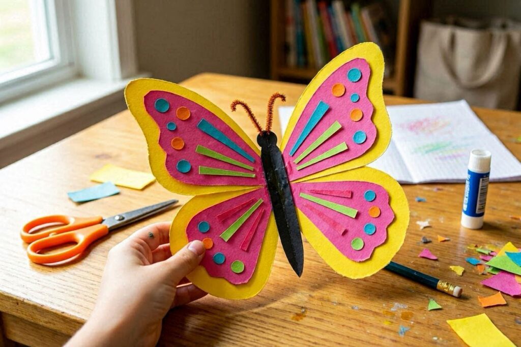 easy paper butterfly craft for kids made with folded colored paper