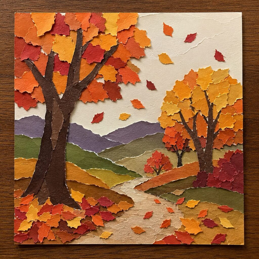A fall landscape scene made entirely from cut and torn paper showing trees, hills, and falling leaves, a creative paper collage fall craft for kids