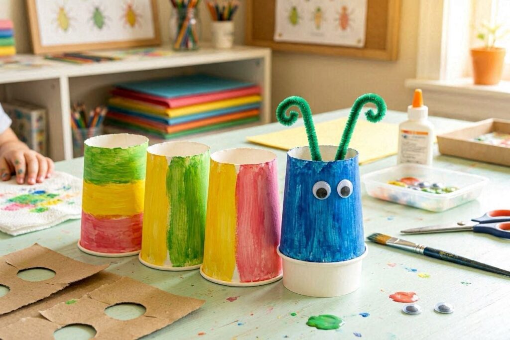 Paper cup caterpillar craft idea for kids using stacked cups and paint