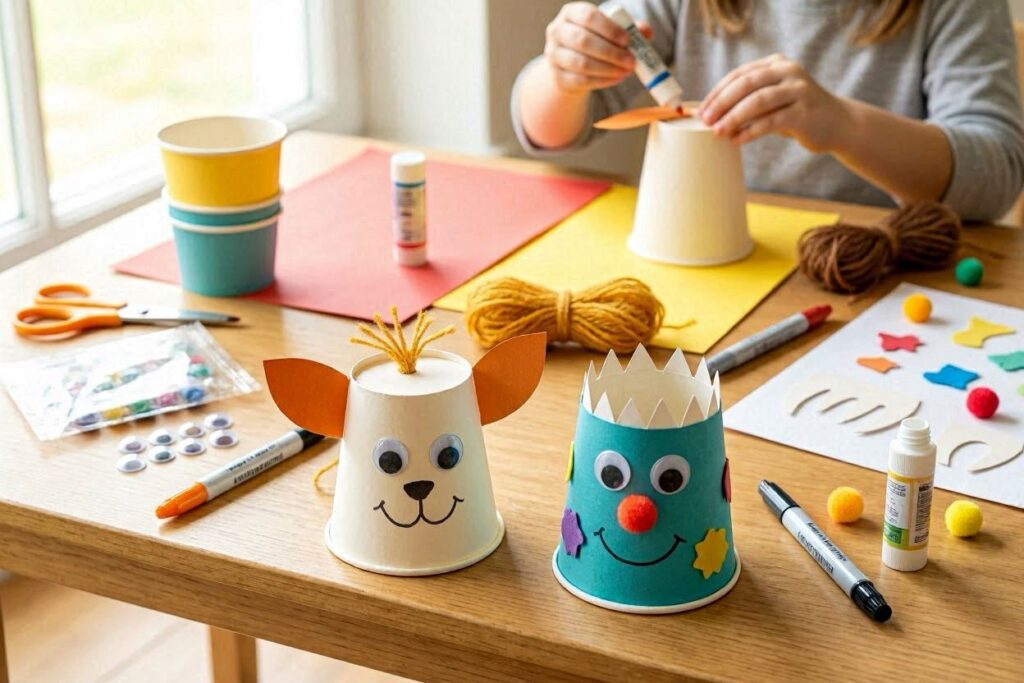 Paper cup puppet craft idea for kids that is simple to make with basic supplies
