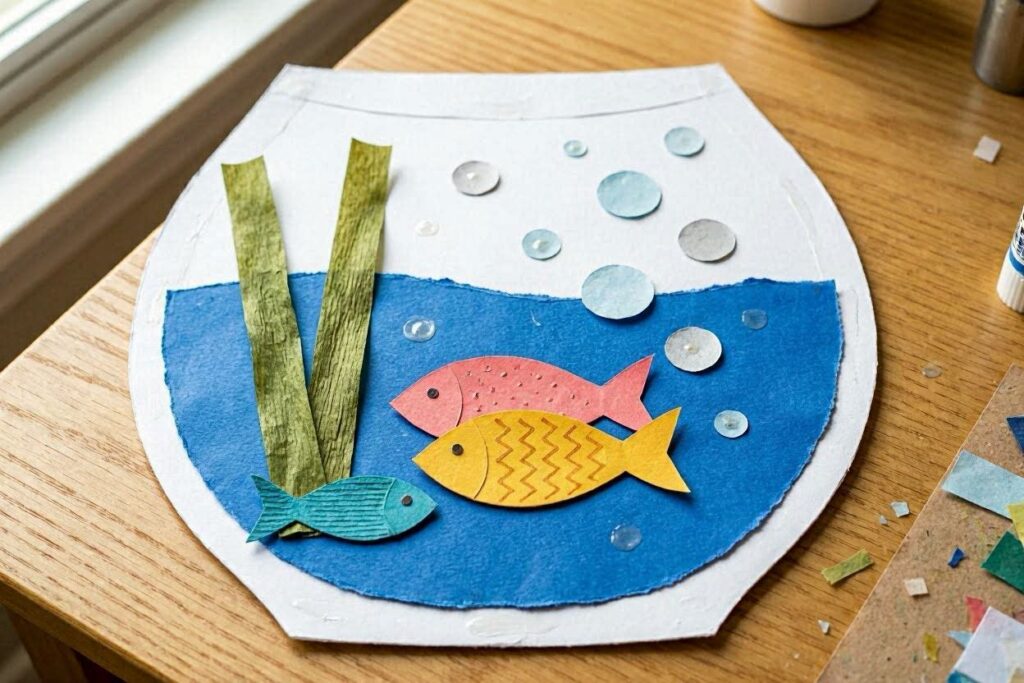 paper fish bowl easy paper craft for kids with fish and seaweed decorations inside