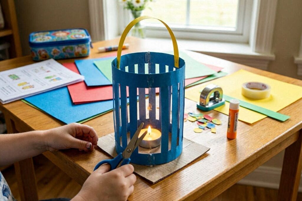 Paper lantern craft idea for kids made from construction paper with a glowing tea light