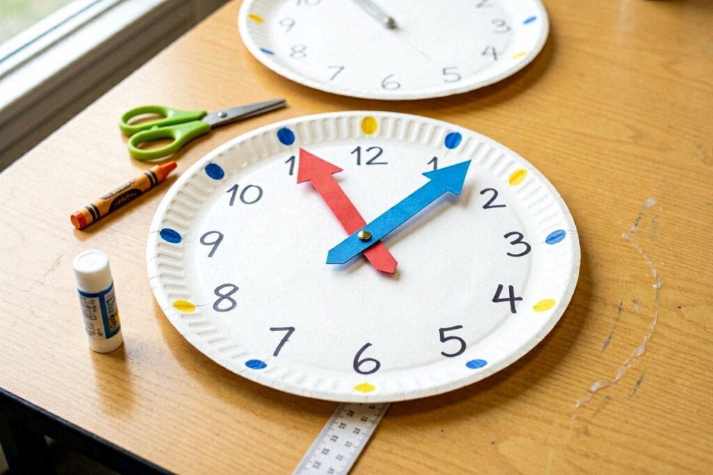 paper plate clock craft for kids made with paper and pencil hands