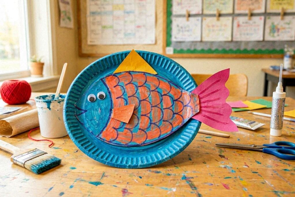 Bright paper plate fish craft idea for kids with painted scales and googly eye
