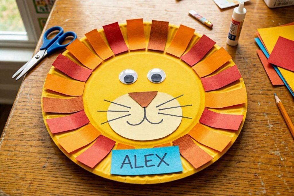 Paper plate lion craft idea for kids with construction paper mane and googly eyes