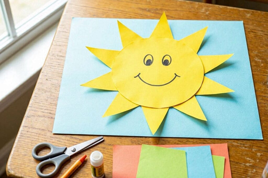 paper sun easy paper craft for kids with yellow rays and smiley face