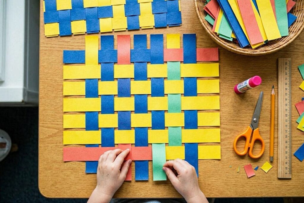 Paper weaving craft idea for kids using construction paper strips in alternating colors