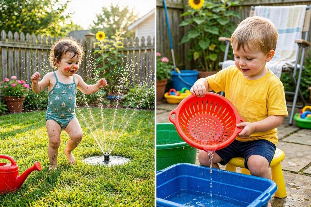 toddler pouring water through a colander, simple water play activity for toddlers at home