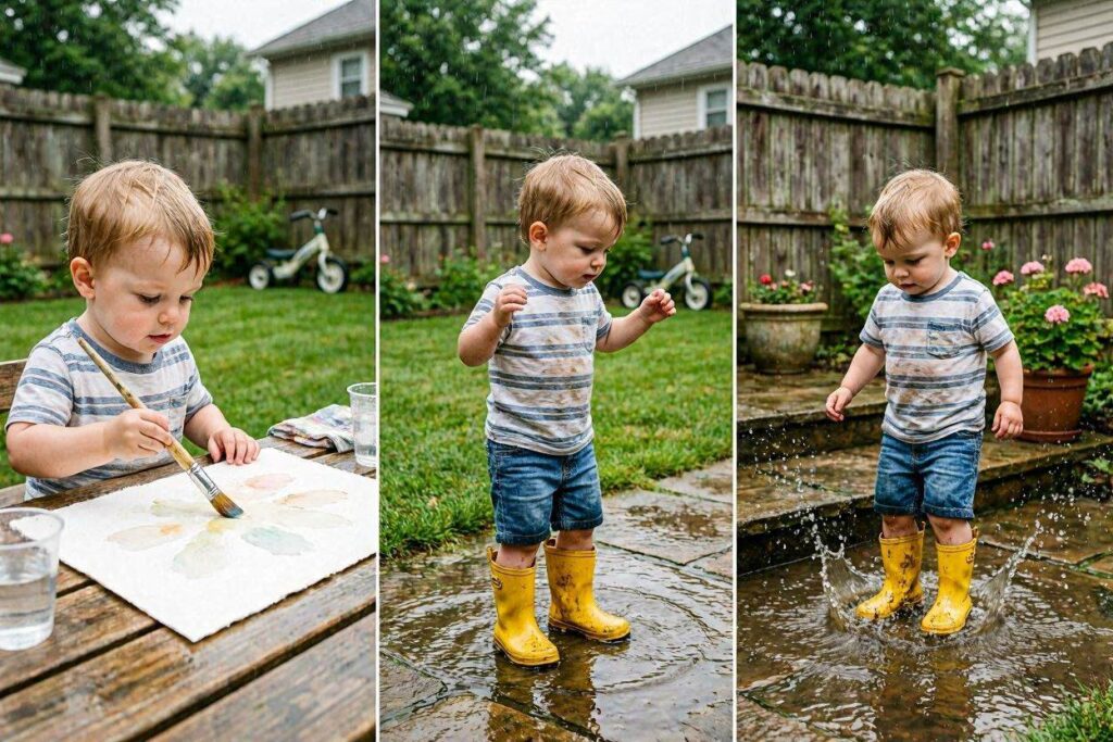 toddler jumping in puddles with rain boots, classic water play activity for toddlers outdoors
