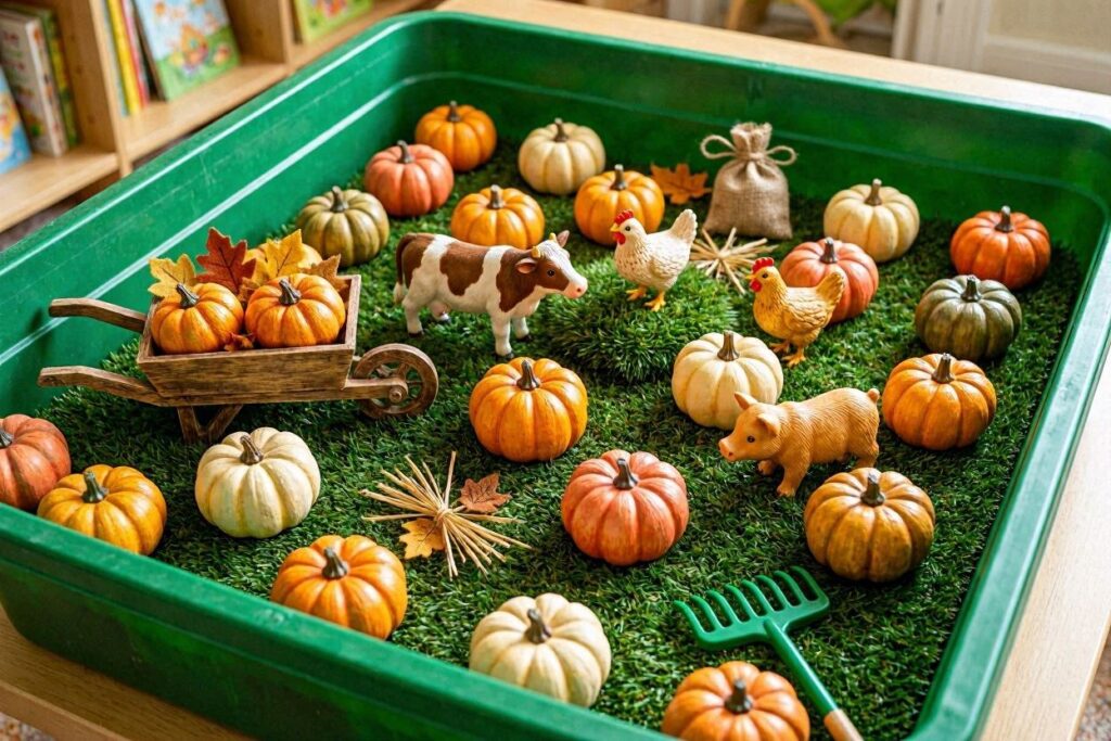 pumpkin patch fall sensory bin for kids