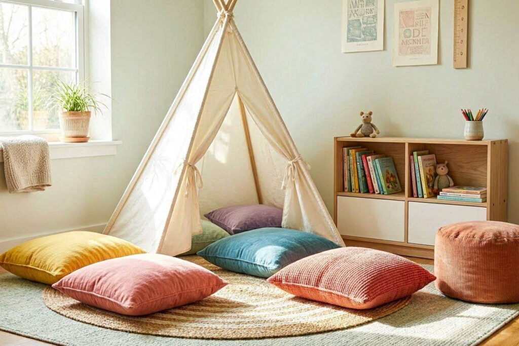 Cozy shared toddler reading nook with a white teepee, colorful floor cushions, and picture books on a low shelf