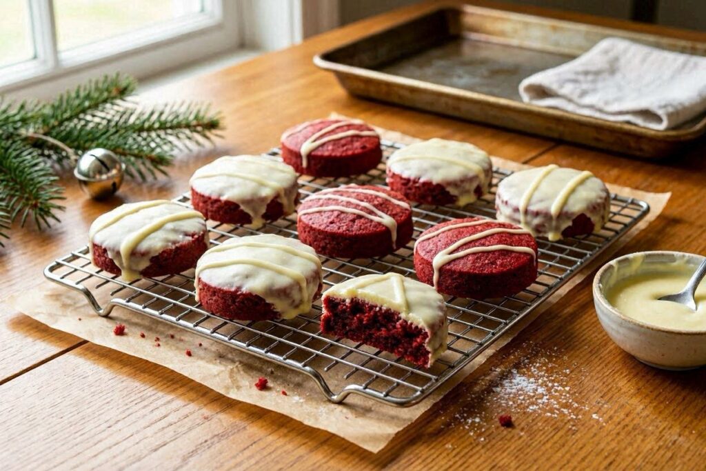 no bake red velvet Christmas cookies with white chocolate coating