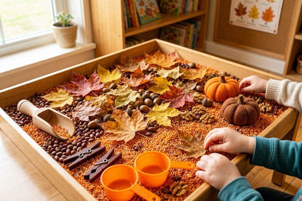 orange rice fall sensory bin for toddlers
