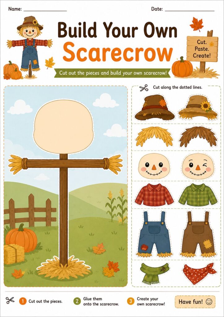 Kid working on fall printables for kids cut and paste scarecrow activity