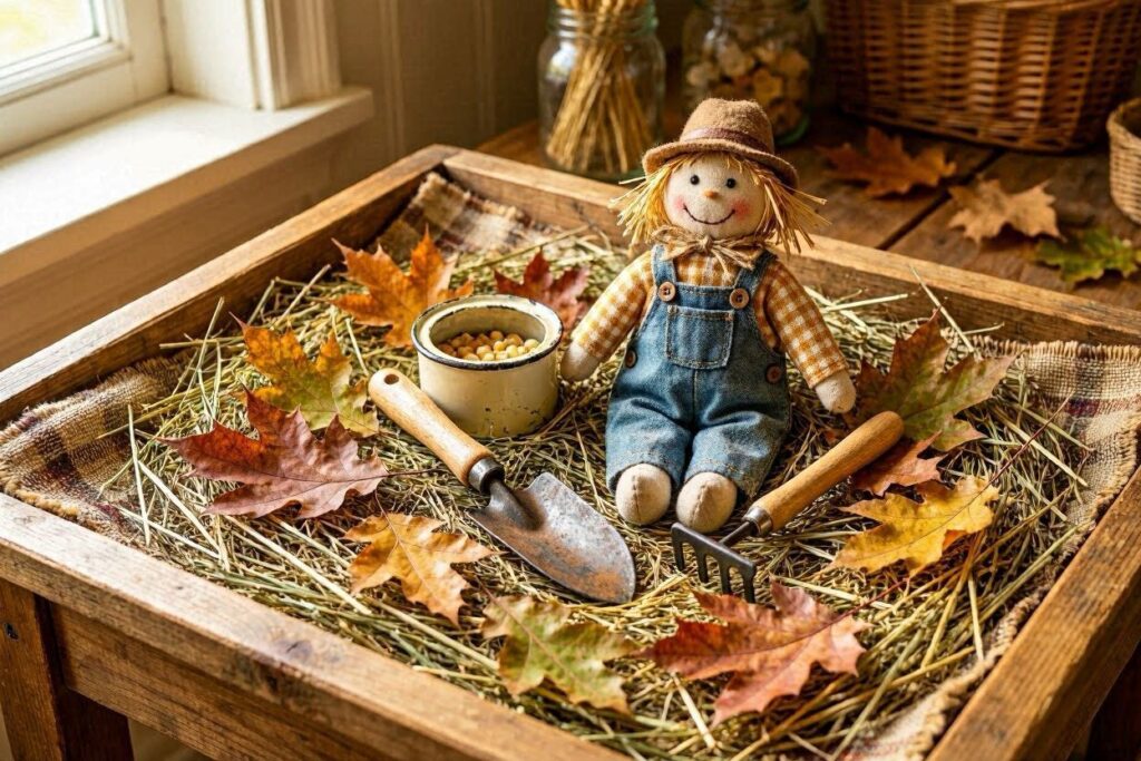 scarecrow themed fall sensory bin