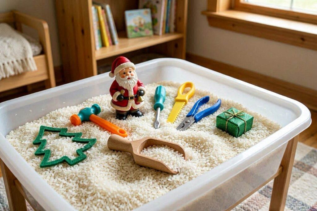 Snowy Santa's workshop Christmas sensory bin for toddlers with white rice, mini tools, and Santa figurine