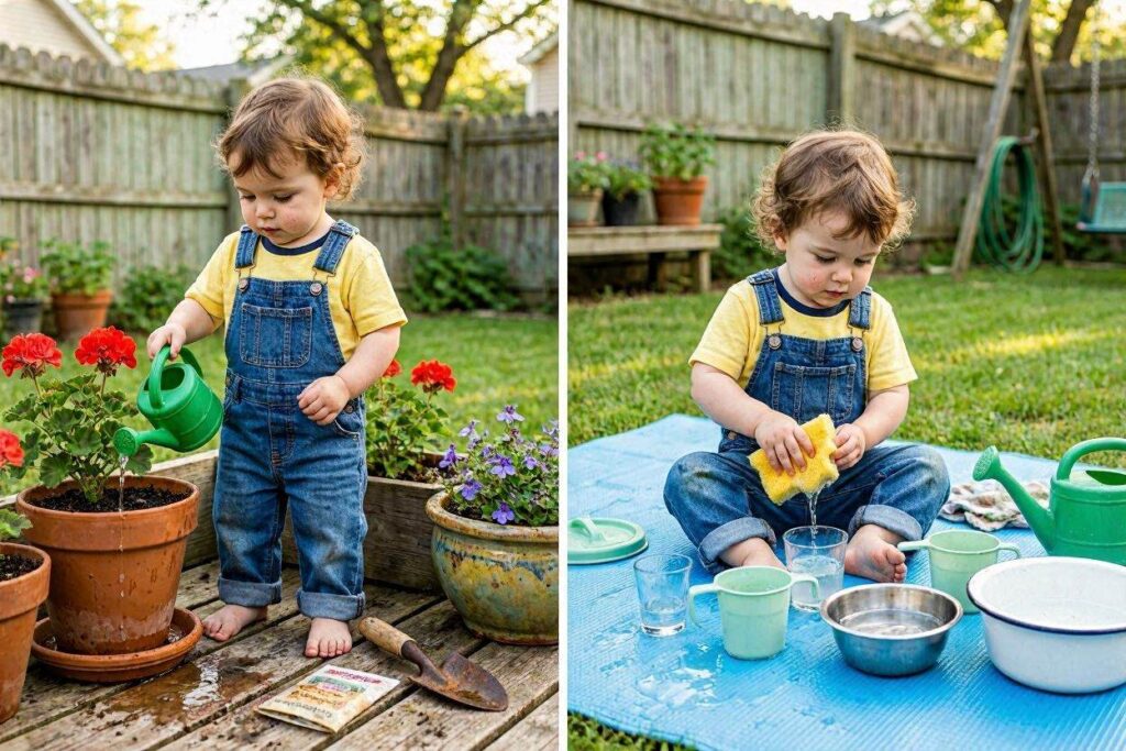 toddler watering garden plants with small watering can, outdoor water activity for toddlers