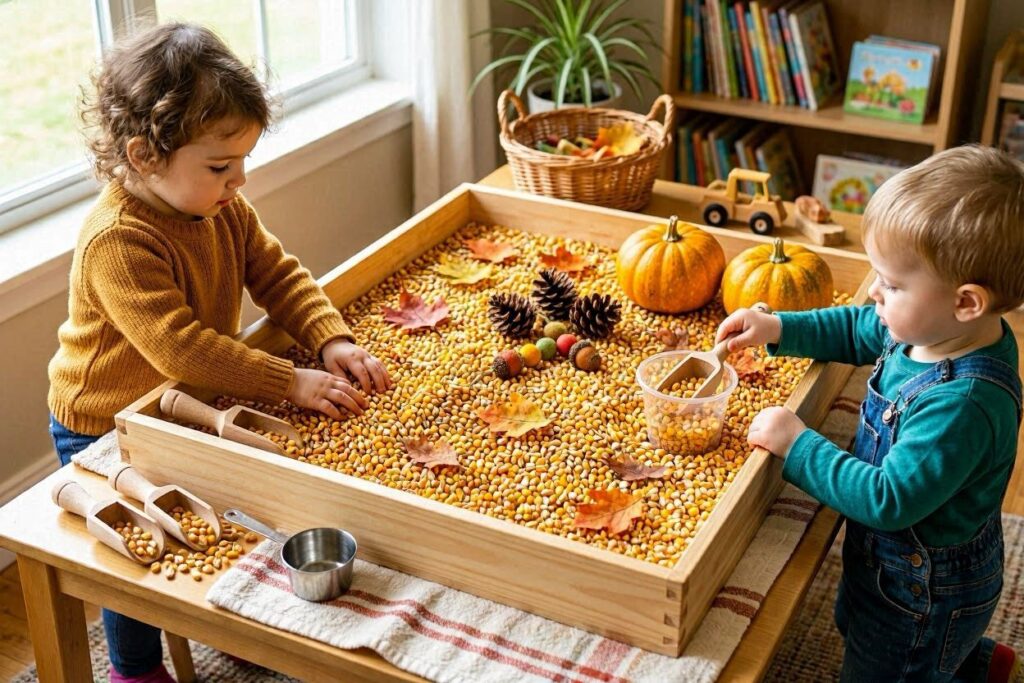 dried corn fall sensory bin for toddlers