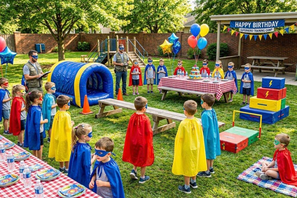 superhero training camp summer birthday party theme for kids with capes
