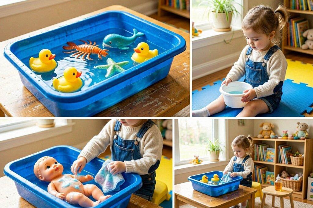 toddler washing baby doll in water tub, pretend play water activity for toddlers