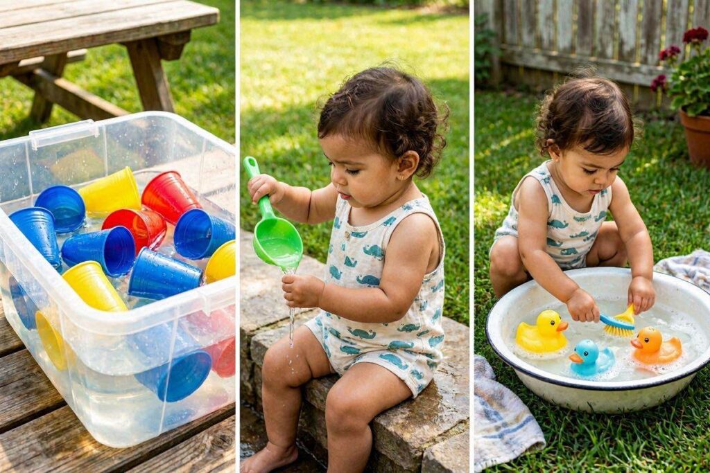 toddler washing toy animals in soapy water, a fun water play activity for toddlers