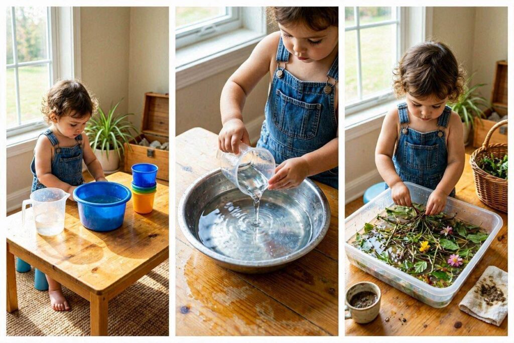 toddler making nature soup with water and outdoor materials, creative water play activity for toddlers