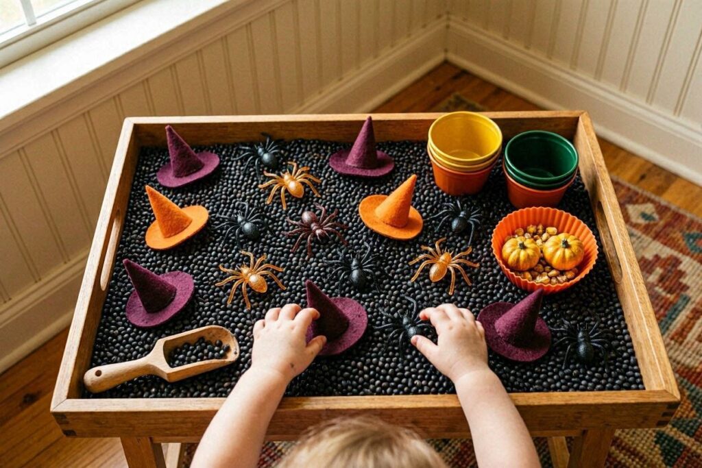 Halloween fall sensory bin with black beans for toddlers