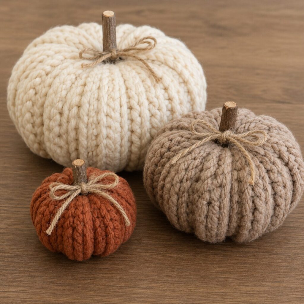 Easy fall crafts chunky knit pumpkins in neutral fall tones