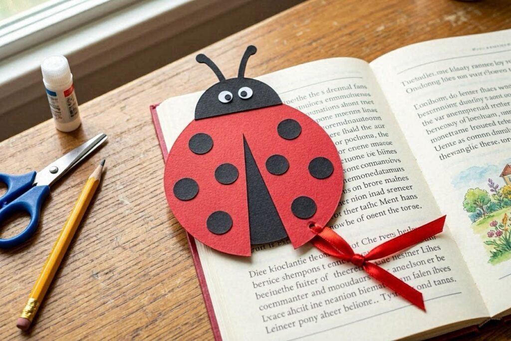 A red and black paper bookmark shaped like a ladybug with a ribbon tail, lying next to an open book, a useful ladybug craft idea for school-aged kids.