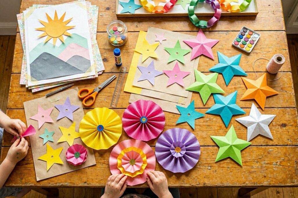 Colorful paper craft ideas for kids spread on a table including flowers, stars, and wall art