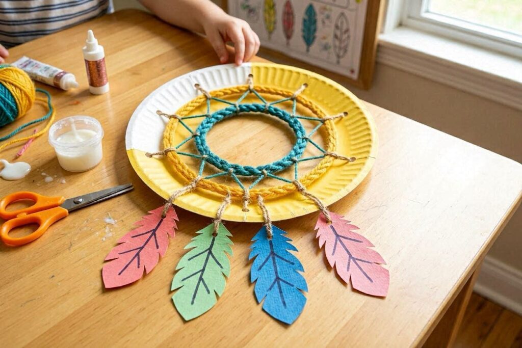 Paper plate dream catcher craft for kids with yarn web and paper feather decorations