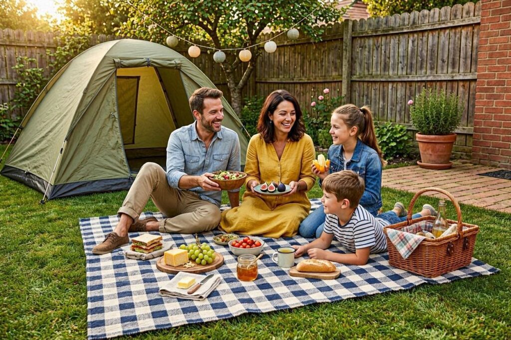 backyard picnic dinner, camping activities for kids