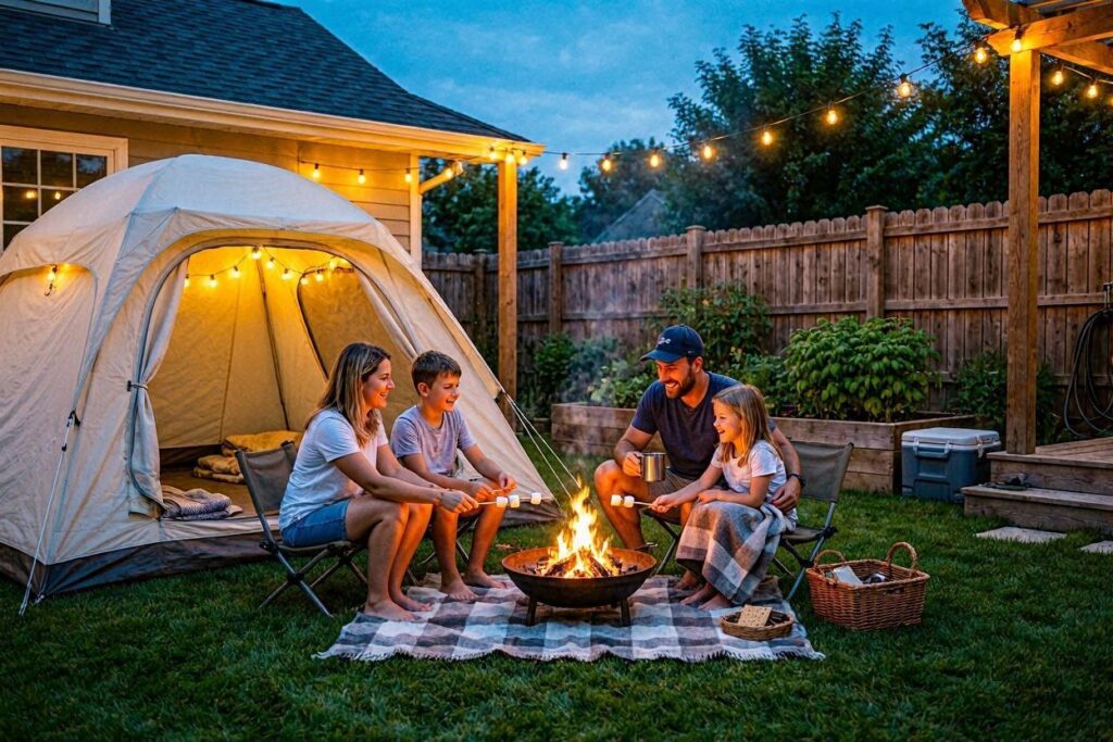 Cheap summer family outing with a backyard camping experience, roasting marshmallows and enjoying family time outdoors.