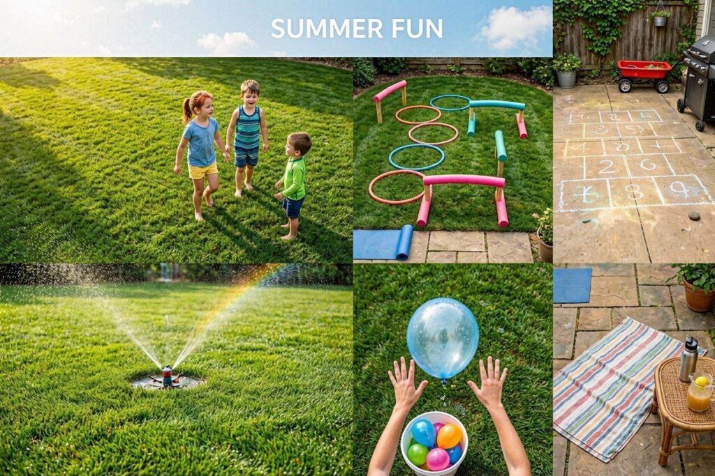 Collage of backyard summer movement activities including sprinkler play, hopscotch, obstacle course, freeze tag, and water balloon toss for kids.