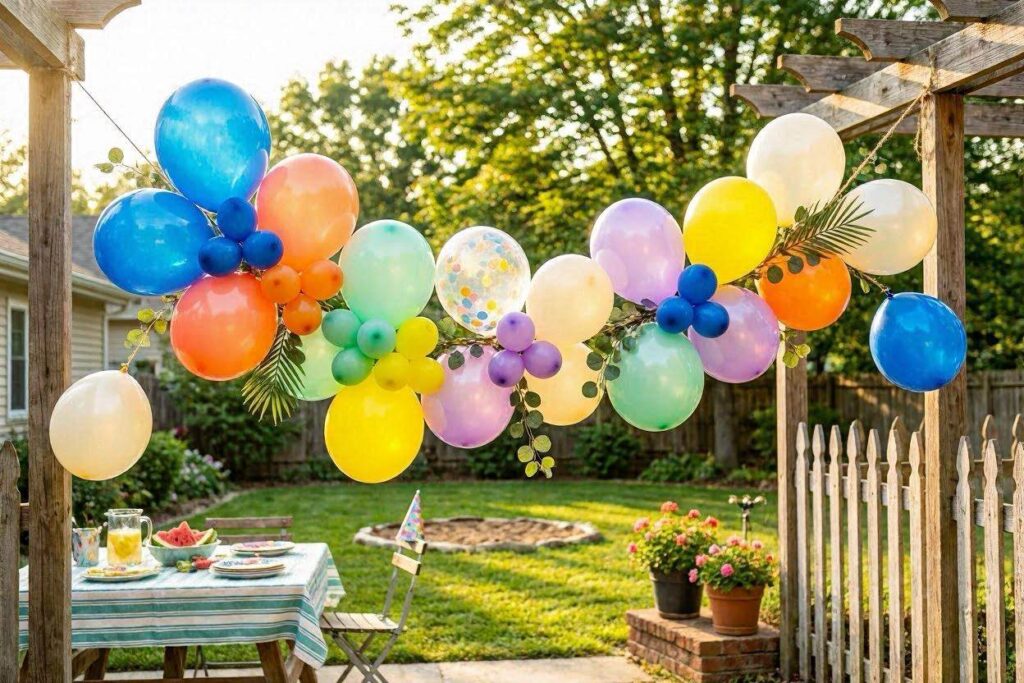 DIY balloon garland summer party decoration for outdoor kids celebration