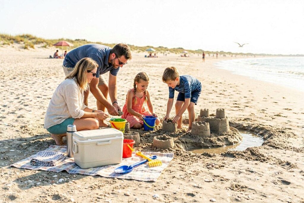 Cheap summer family outing at a public beach where kids and parents build sandcastles together.
