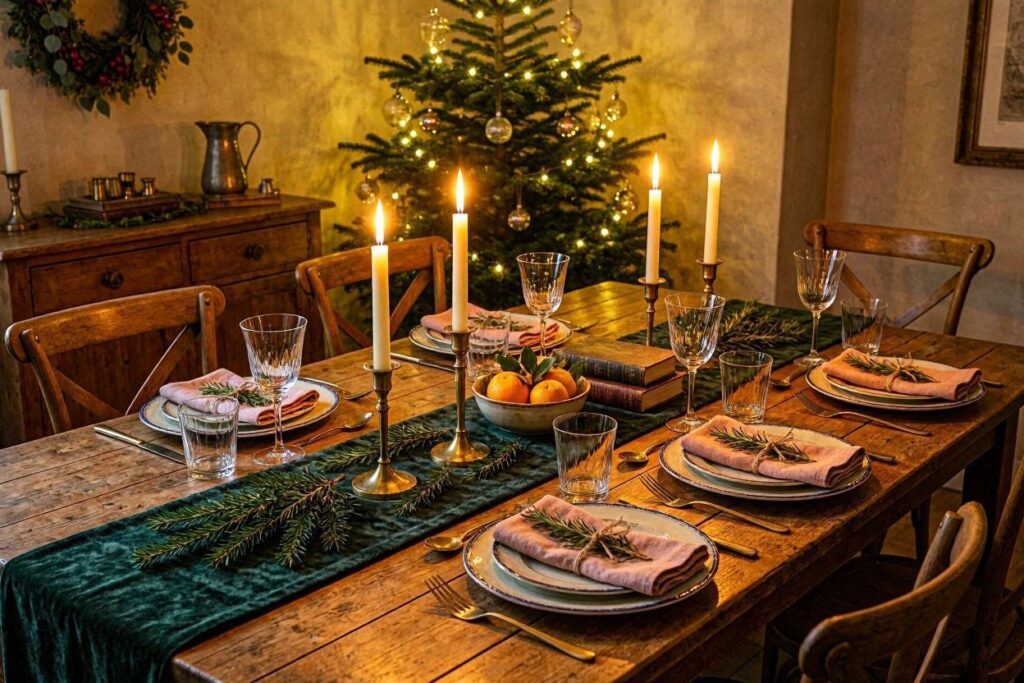 Candlelit christmas dinner table setting with taper candles