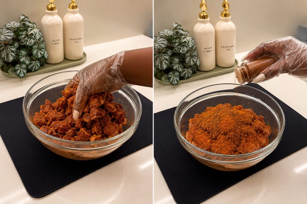 Seasoning beef strips for pan fried suya recipe