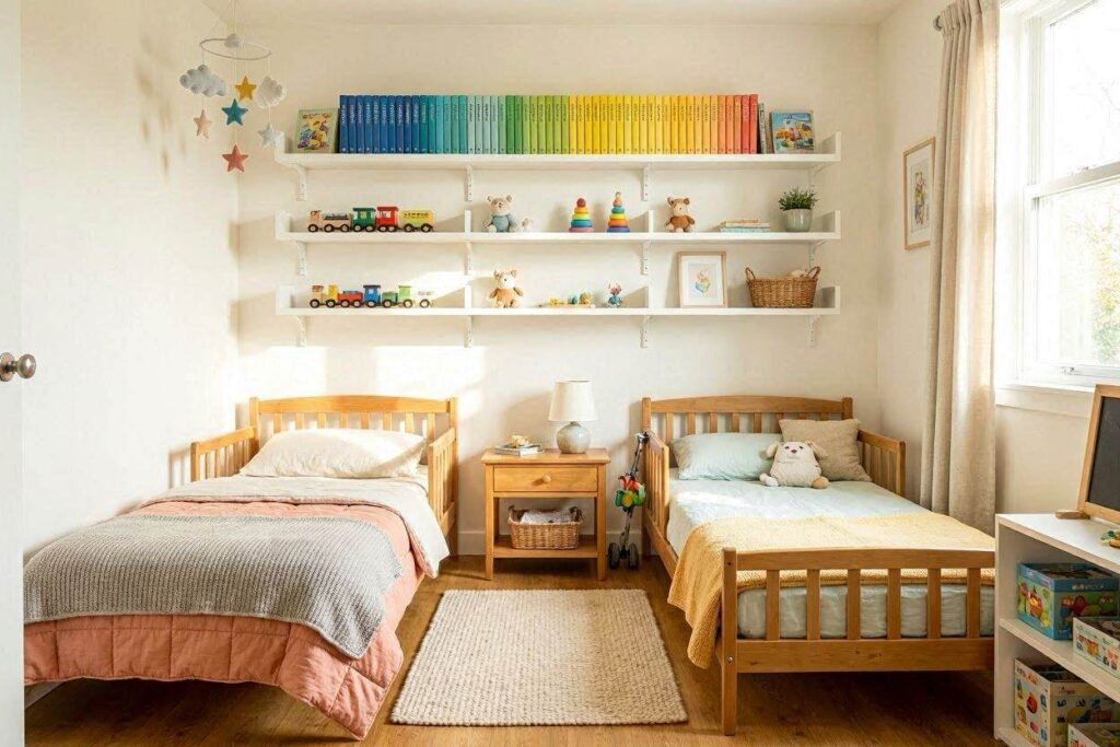 Shared toddler room with white wall-mounted shelves holding colorful books and small toy displays above two toddler beds