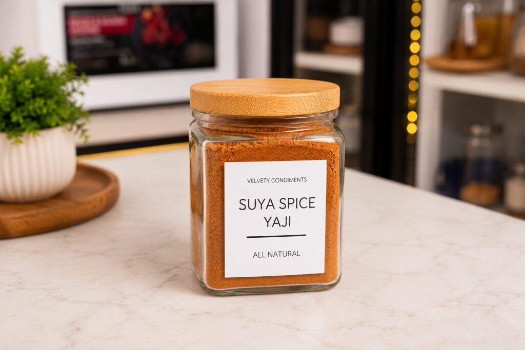 Suya spice stored in a glass jar