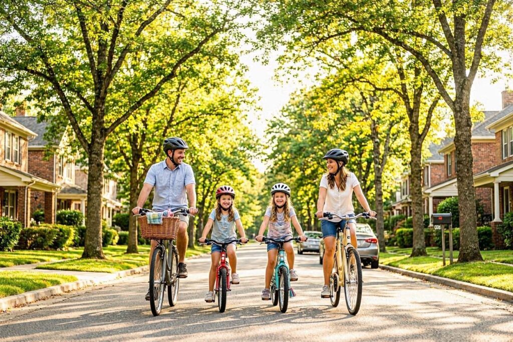 Cheap summer family outing featuring bike rides around the community with parents and kids cycling together.