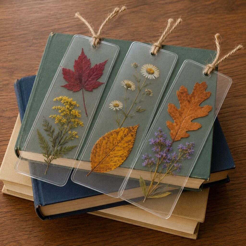 Easy fall crafts pressed leaf bookmarks laminated with autumn flowers
