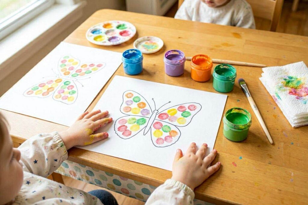 Fingerprint butterfly craft for toddlers using washable paint and little fingers to fill in wings
