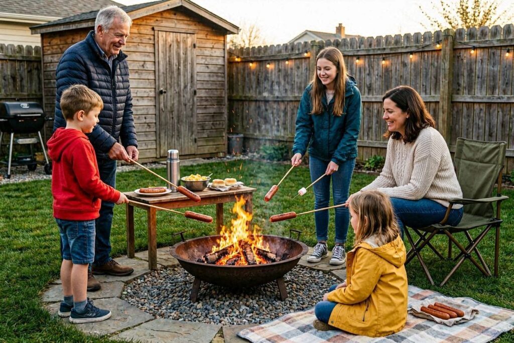 roasting hot dogs, backyard camping activities for kids