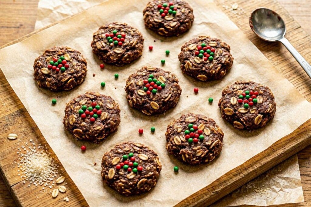 no bake chocolate oatmeal Christmas cookies with festive sprinkles